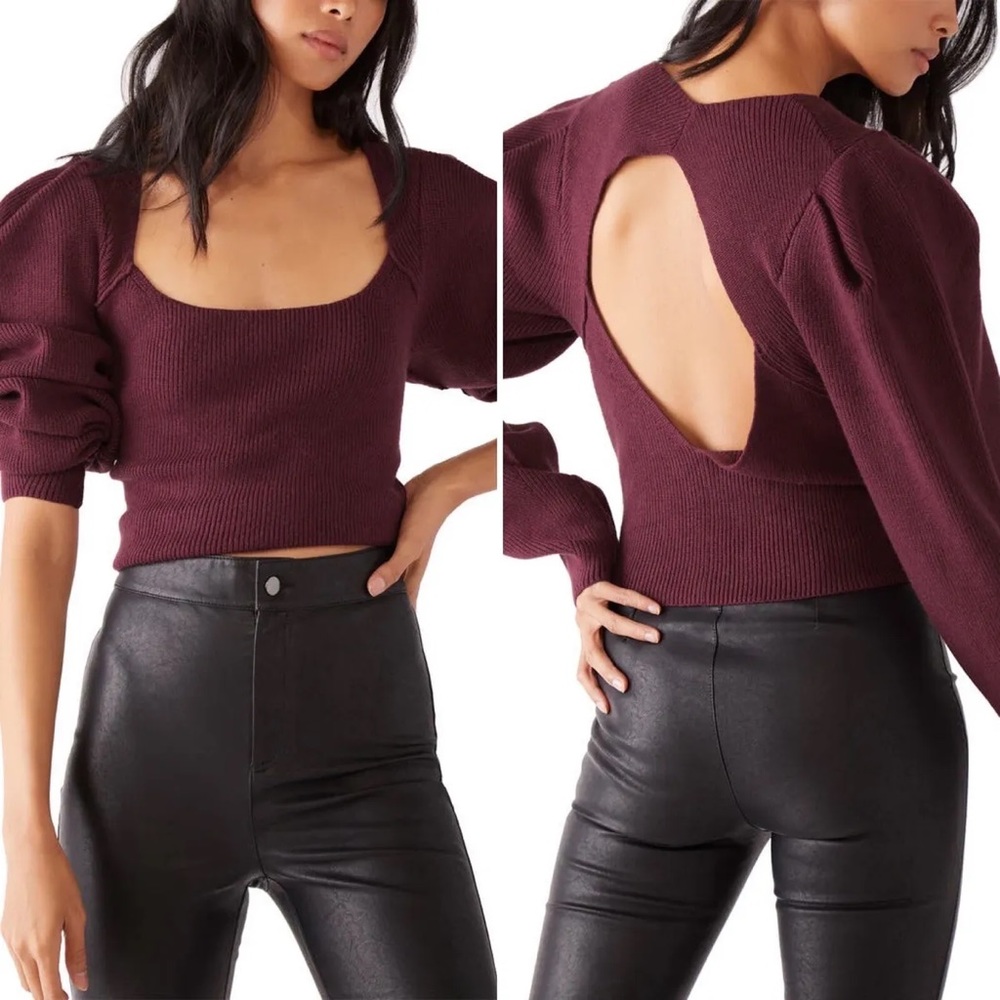 NWT Free People Saffron Open Back Sweater XL Crop Burgundy Wide Neck boho top